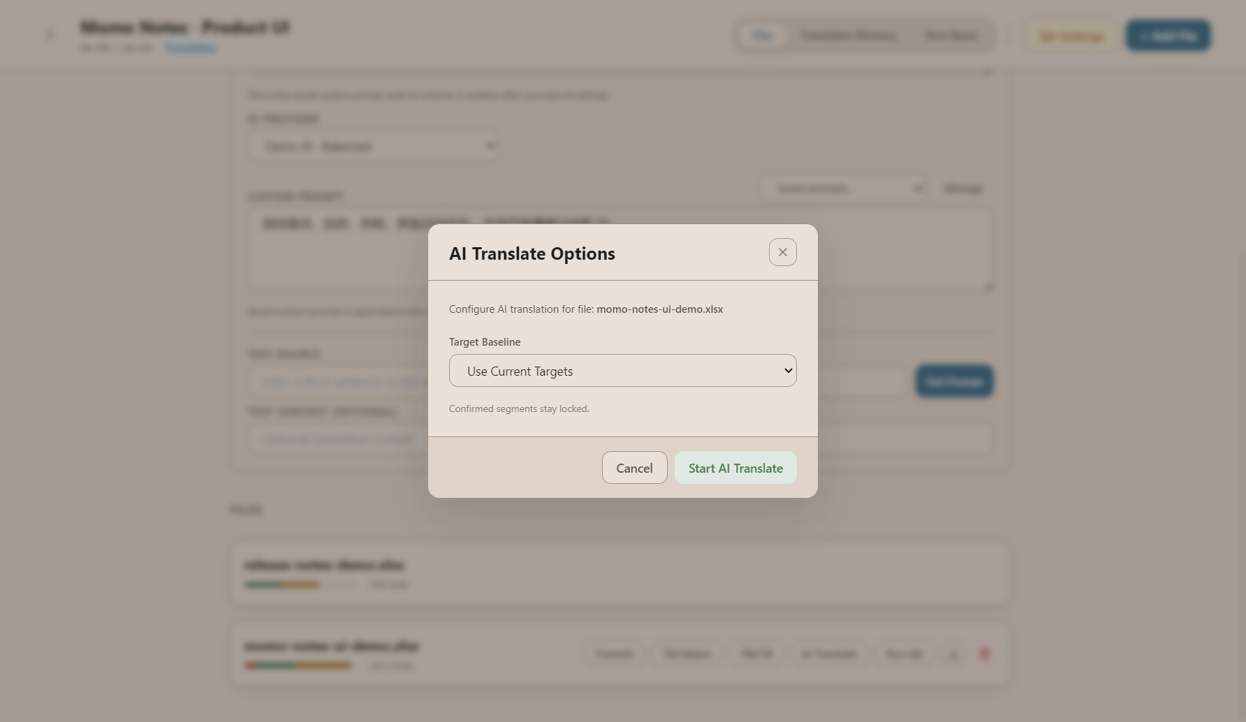 momoCAT AI Translate 选项，可使用或忽略当前译文，已确认段落保持锁定