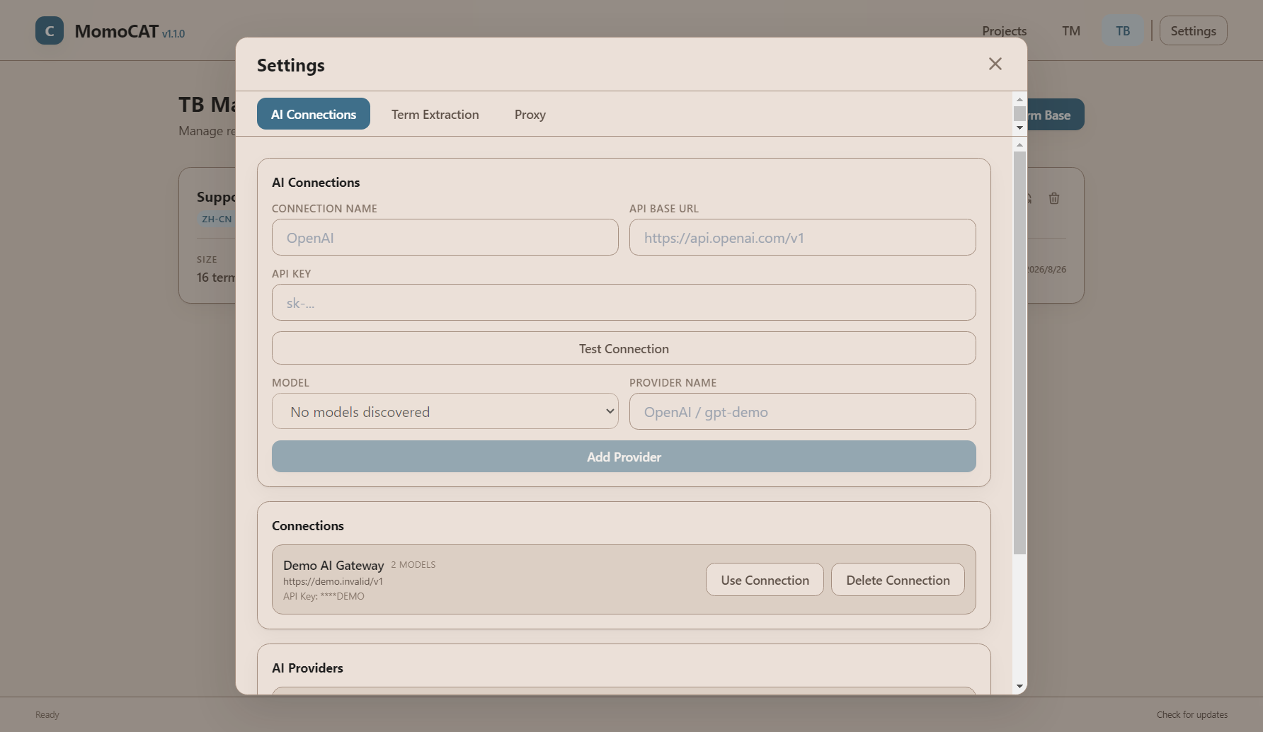 momoCAT Settings 中的 AI Connections 配置界面，示例凭据已遮蔽